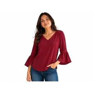 Rose & Olive Womens Small Burgundy Bell Sleeve Blouse V Neck Boho Peasant Shirt